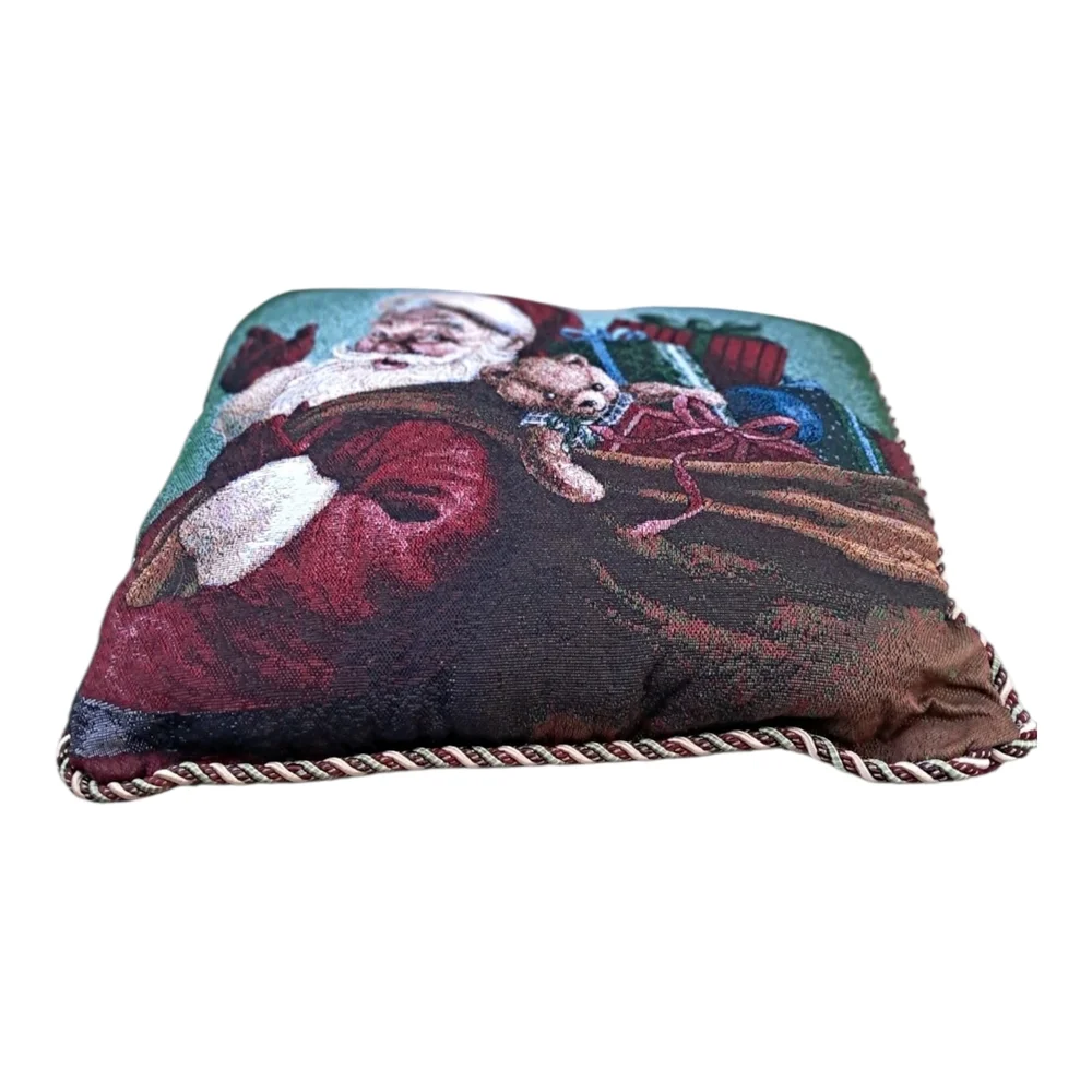 ​Vtg Christmas Santa Claus Tapestry Throw Pillow Cushion w/ Teddy Bear & Gifts
